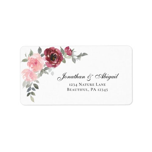 Pink Blush Burgundy Floral Watercolor Wedding Label