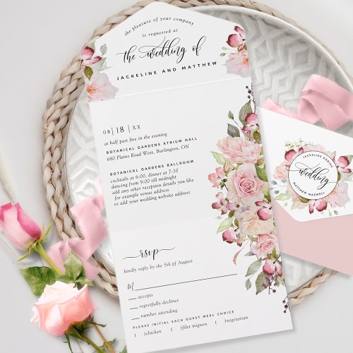 Pink Blush Burgundy Floral Wedding Tear Off RSVP All In One Invitation