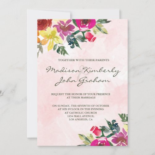 Pink Blush Burgundy Gold Watercolor Floral Wedding Invitation