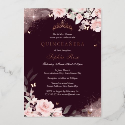 Pink Blush Burgundy Rose Butterfly Quinceanera Foil Invitation