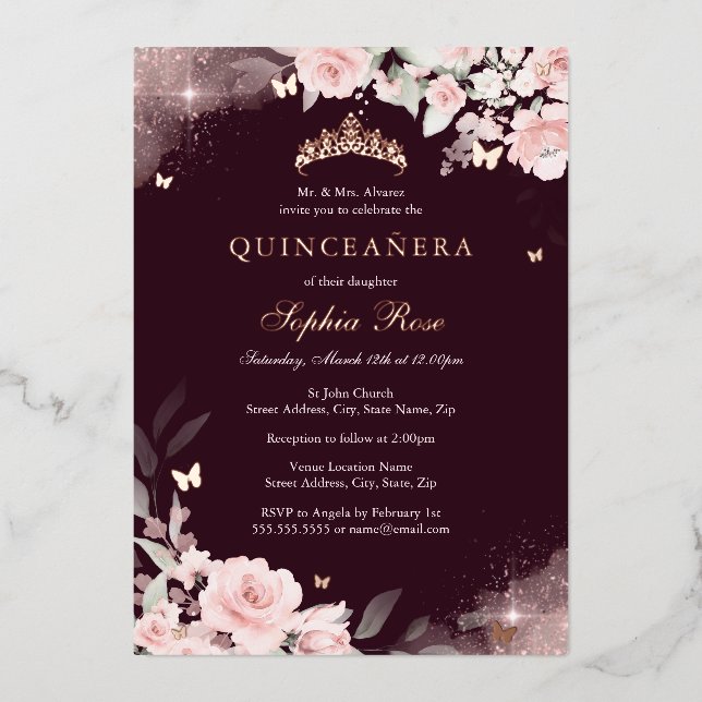 Pink Blush Burgundy Rose Butterfly Quinceanera Foil Invitation (Front)