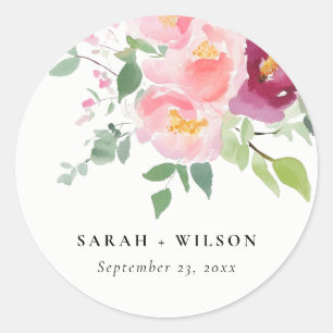 Pink Blush Burgundy Rose Watercolor Wedding Classic Round Sticker