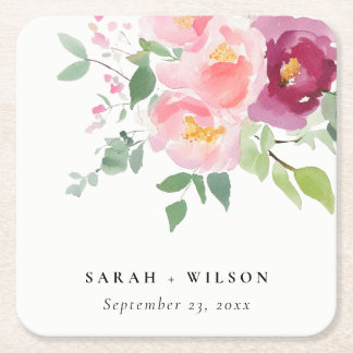 Pink Blush Burgundy Rose Watercolor Wedding Square Paper Coaster