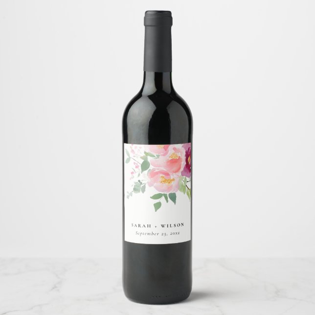 Pink Blush Burgundy Rose Watercolor Wedding Wine Label (Front)