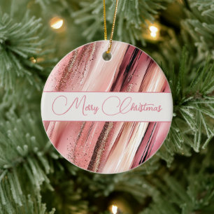 Pink Blush Burgundy Stripes Glitter Christmas Ceramic Ornament