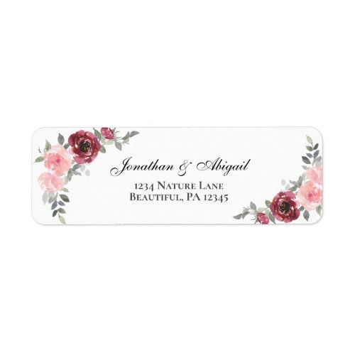 Pink Blush Burgundy Watercolor Flowers Wedding Label