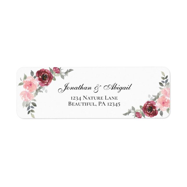 Pink Blush Burgundy Watercolor Flowers Wedding Label (Front)