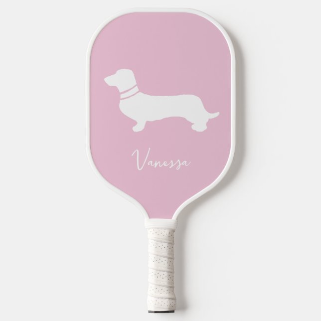Pink blush champagne custom modern dachsund pickleball paddle (Front)