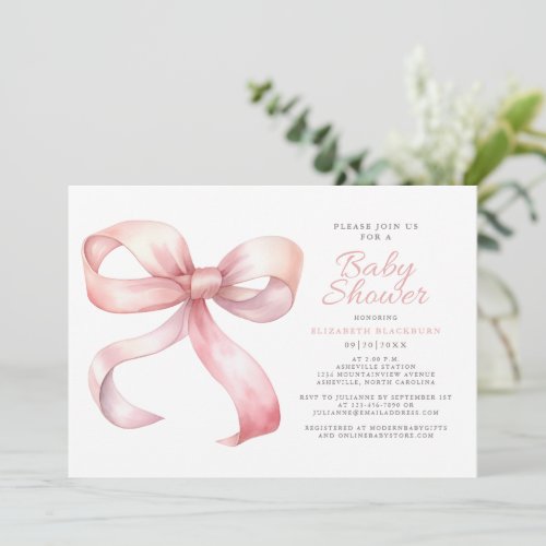 Pink Blush Coquette Bow Elegant Baby Girl Shower Invitation