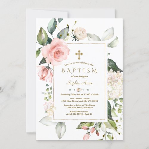 Pink Blush Cream Floral Frame Gold Baptism Invitation