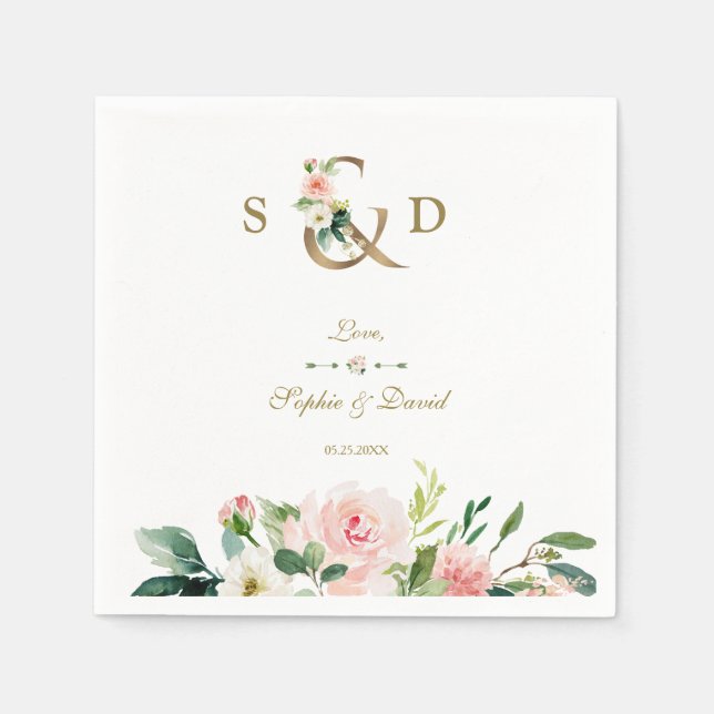 Pink Blush Cream Flowers Gold Ampersand Wedding Napkins (Front)