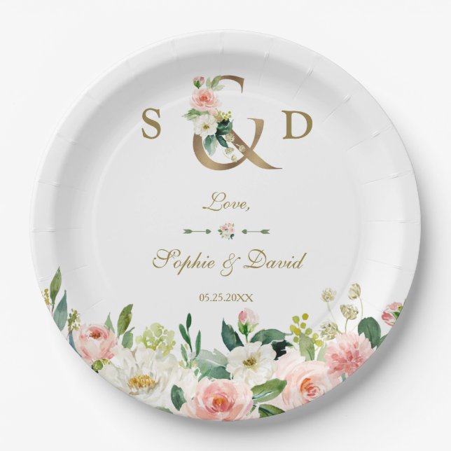 Pink Blush Cream Flowers Gold Ampersand Wedding Paper Plates (Front)
