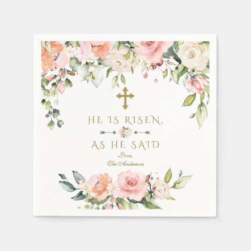 Pink Blush Cream Flowers He Is Risen Gold Easter Napkins