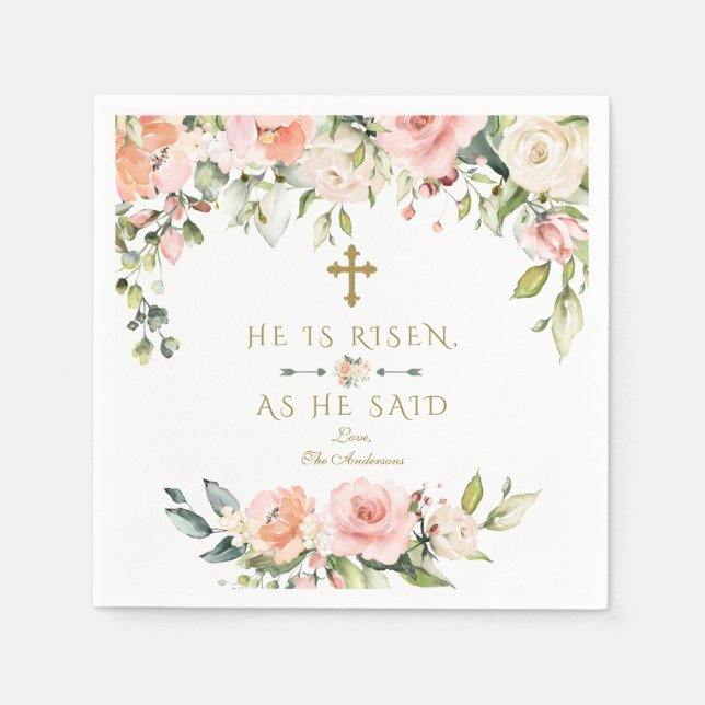 Pink Blush Cream Flowers He Is Risen Gold Easter Napkins (Front)
