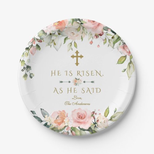 Pink Blush Cream Flowers He Is Risen Gold Easter Paper Plates