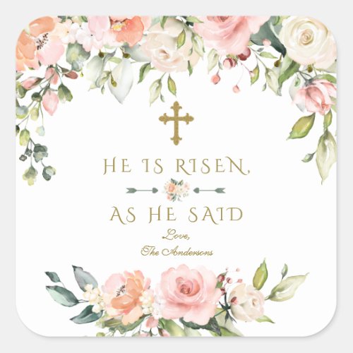 Pink Blush Cream Flowers He Is Risen Gold Easter Square Sticker