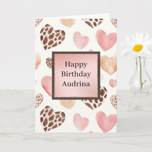 Pink Blush Cream Leopard Hearts Birthday Card (Small Plant)