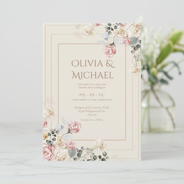 Pink Blush Cream Roses Floral Elegant Wedding Invitation (Standing Front)