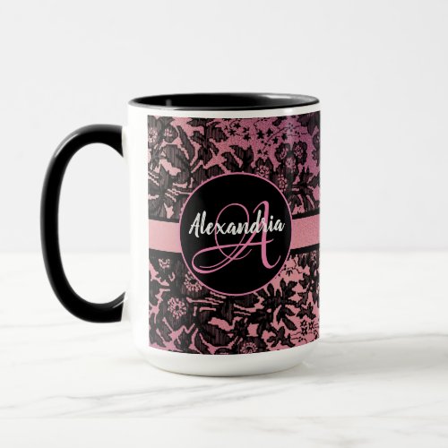 Pink Blush Dark Moody Black Floral Monogram  Mug