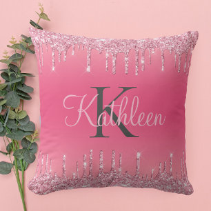 Pink Blush, Dripping Glitter, Rose Gold Monogram Throw Pillow