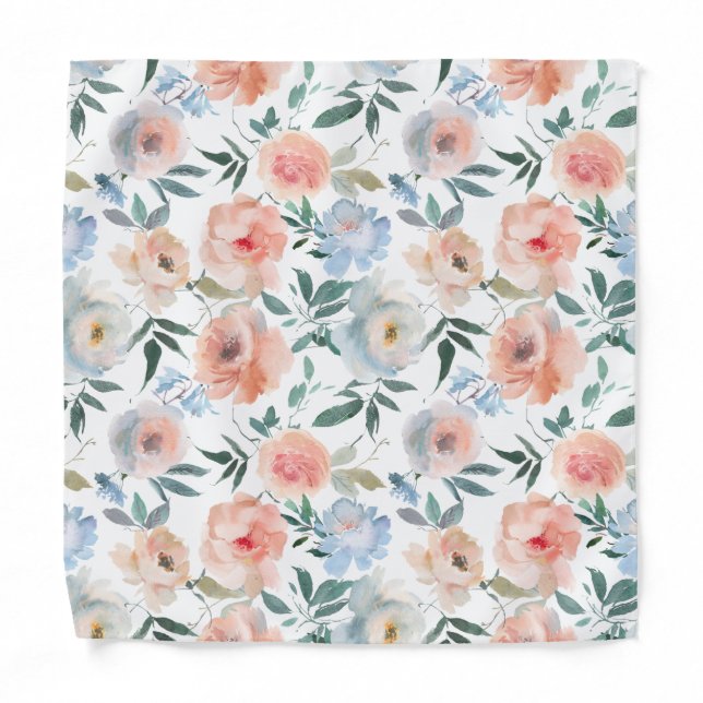 Pink Blush Dusty Blue Floral Pocket Square Bandana (Front)
