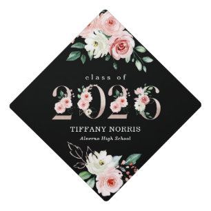 Pink Blush Elegant Floral Graduation Year Black  Cap Topper