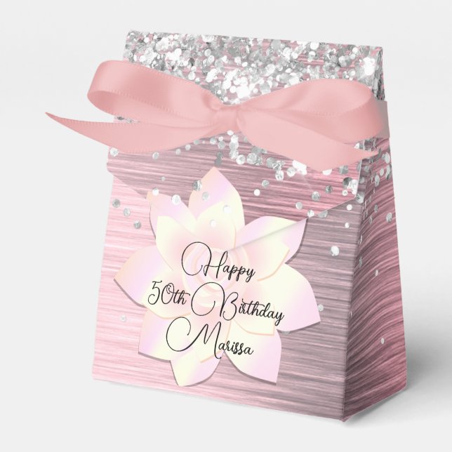 Pink Blush Elegant Lotus Flower Glittery Birthday Favor Boxes (Front Side)