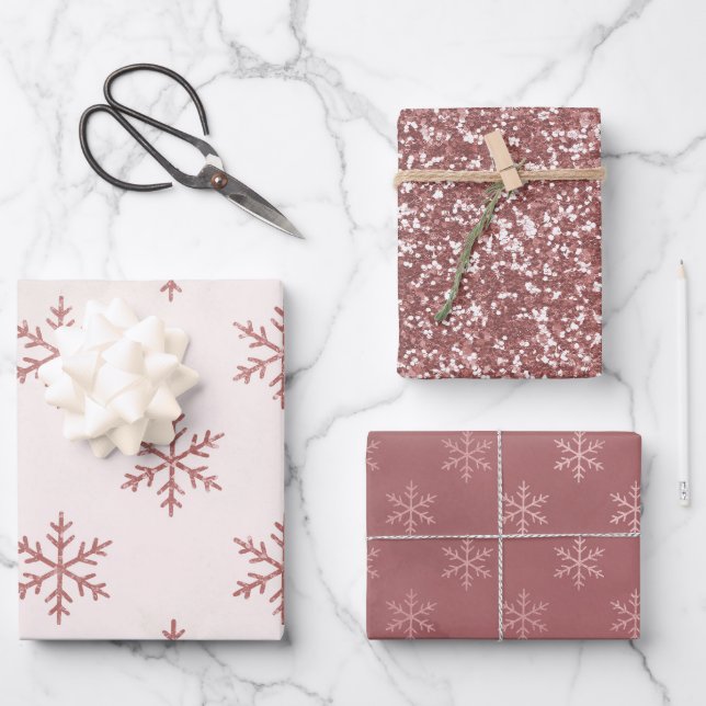 Pink Blush Elegant Snowflake | Christmas Holiday Wrapping Paper Sheets (Front)