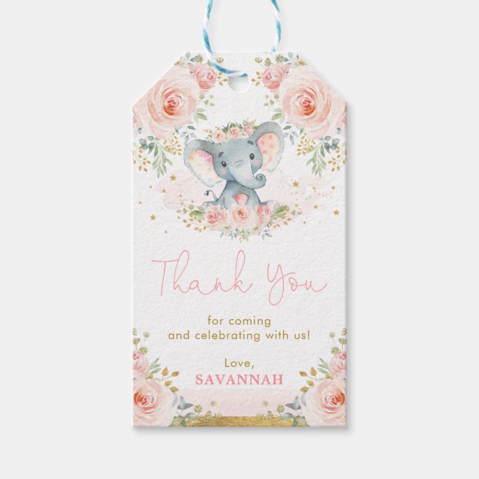 Pink Blush Elephant Girl Baby Shower Favors Gift Tags