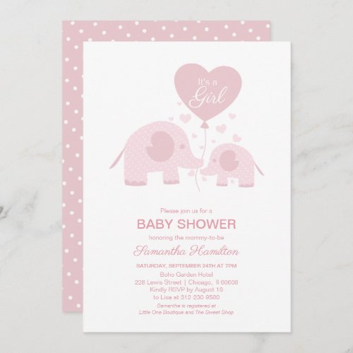 Pink Blush Elephant Girl Baby Shower Invitations