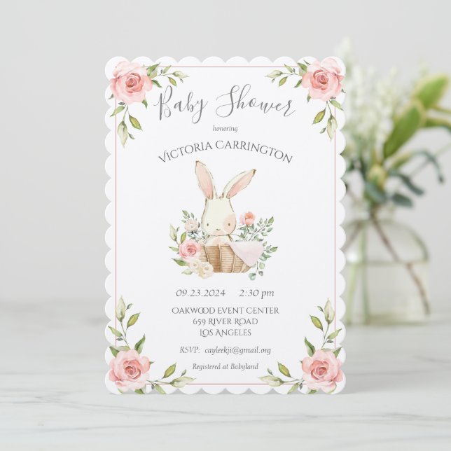 Pink Blush Felt White Paper Bunny Baby Shower Invitation (Standing Front)