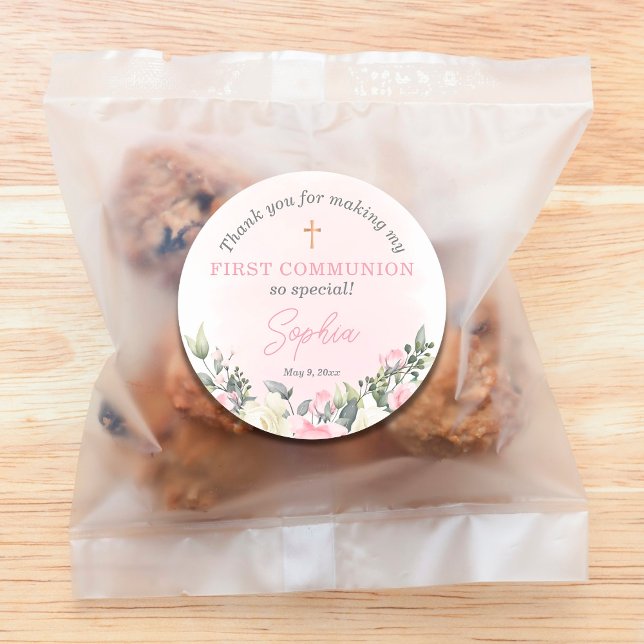 Pink blush First Communion favor sticker for girl (Creator Uploaded)