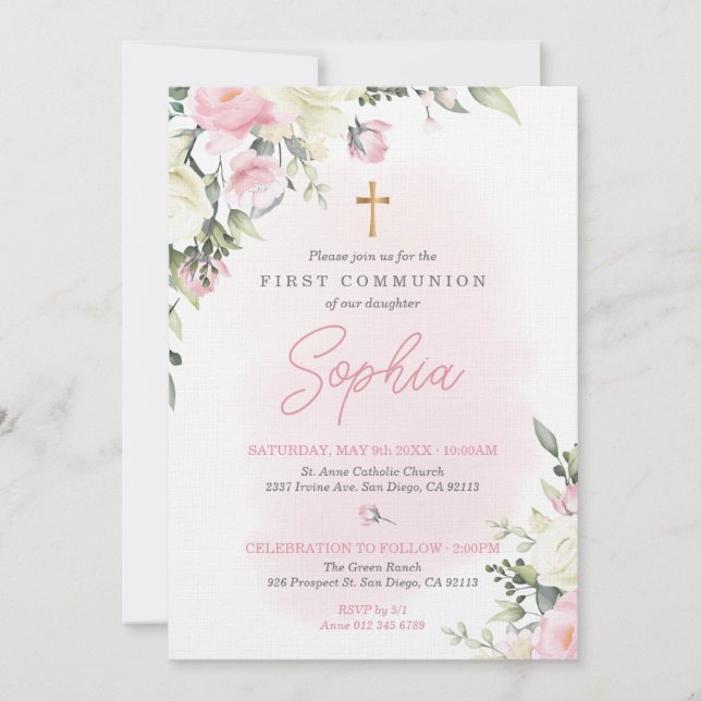 Pink blush First Communion Invitation for girl (Front)