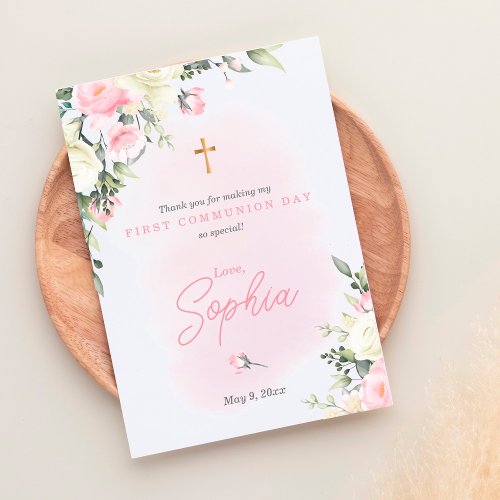 Pink blush First Communion Thank you card for girl