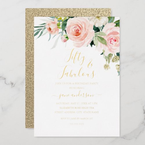 Pink Blush Floral 50  Fabulous Birthday  Foil Invitation