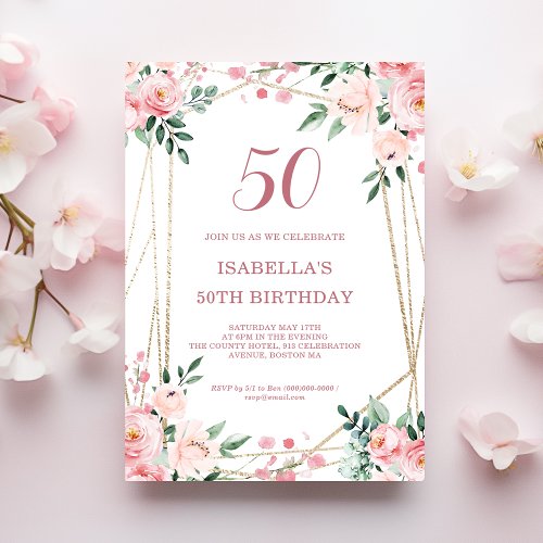 Pink Blush Floral 50th Birthday Invitation