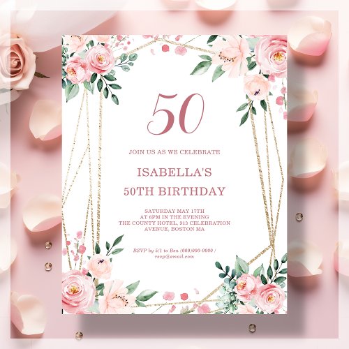 Pink Blush Floral 50th Budget Birthday Invitation