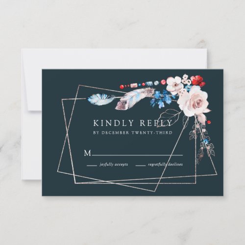 Pink Blush Floral and Boho Blue Feathers Wedding RSVP Card