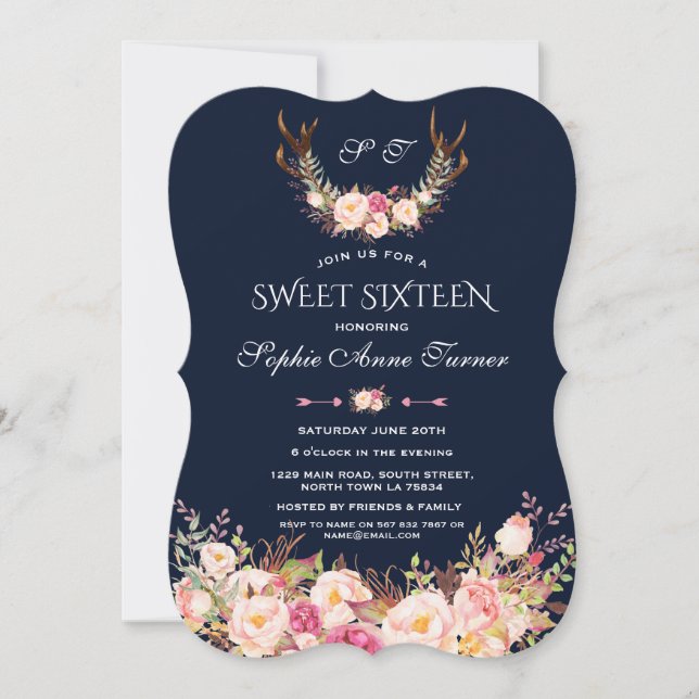 Pink Blush Floral Antlers Dark Blue Sweet 16 Invitation (Front)