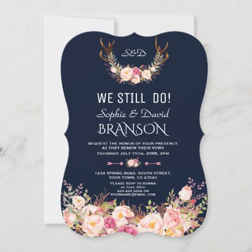 Pink Blush Floral Antlers Dark Blue WE STILL DO Invitation