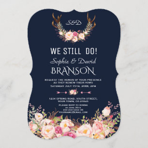 Pink Blush Floral Antlers Dark Blue WE STILL DO Invitation