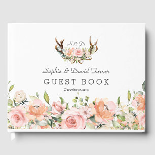 Pink Blush Floral Antlers Monogram Wedding Guest Book