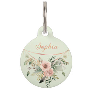 Pink Blush Floral Arrangement on Sage Green Pet ID Tag