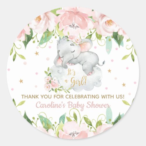 Pink Blush Floral Baby Elephant Thank You Favor Classic Round Sticker