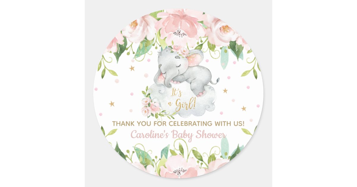 Pink Blush Floral Baby Elephant Thank You Favor Classic Round Sticker ...