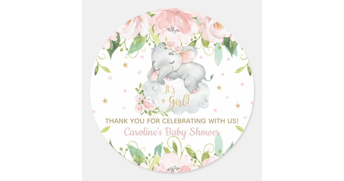 Pink Blush Floral Baby Elephant Thank You Favor Classic Round Sticker ...