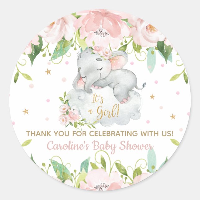 Pink Blush Floral Baby Elephant Thank You Favor Classic Round Sticker (Front)
