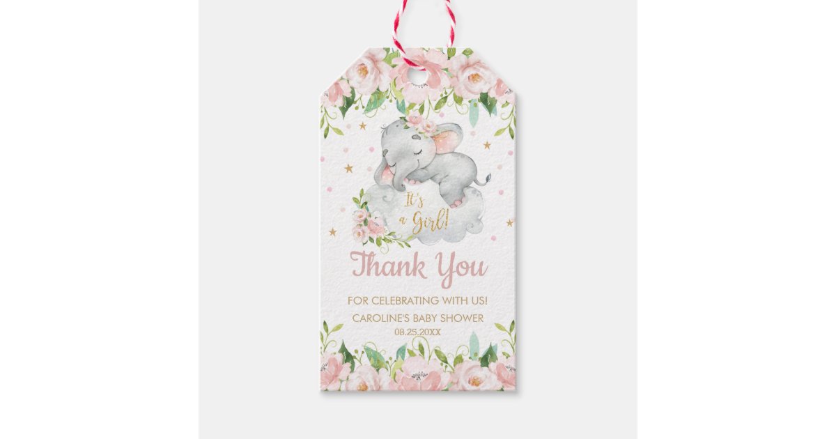 Pink Blush Floral Baby Elephant Thank You Favor Gift Tags | Zazzle