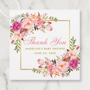 Pink Blush Floral Baby Shower Gold Frame Thank You Favor Tags