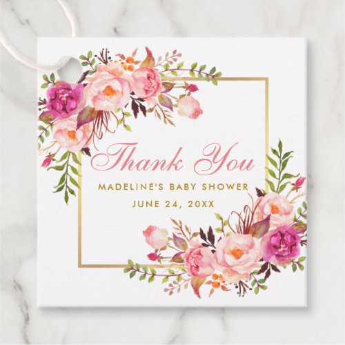 Pink Blush Floral Baby Shower Gold Frame Thank You Favor Tags